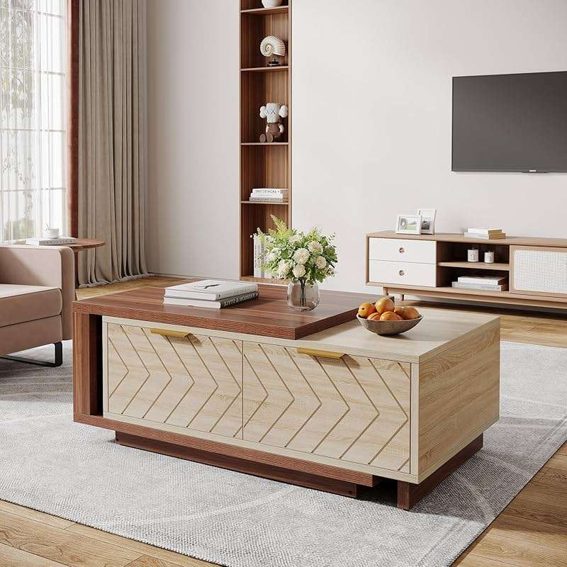 Tribesigns Extendable Coffee Table with 2 Storage Drawers, Dual-Tone Center Table with Sliding Tabletop, Multi-Functional Hidden Storage Wooden Rectangle Cocktail Table for Living Room (Walnut & Oak) - Image 3