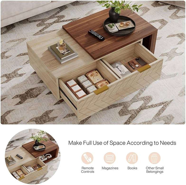 Tribesigns Extendable Coffee Table with 2 Storage Drawers, Dual-Tone Center Table with Sliding Tabletop, Multi-Functional Hidden Storage Wooden Rectangle Cocktail Table for Living Room (Walnut & Oak) - Image 4