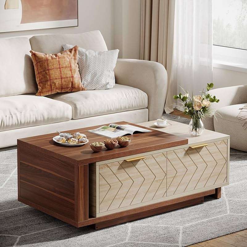 Tribesigns Extendable Coffee Table with 2 Storage Drawers, Dual-Tone Center Table with Sliding Tabletop, Multi-Functional Hidden Storage Wooden Rectangle Cocktail Table for Living Room (Walnut & Oak) - Image 5