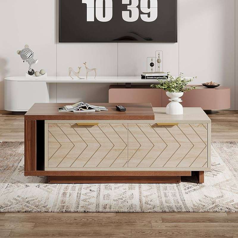 Tribesigns Extendable Coffee Table with 2 Storage Drawers, Dual-Tone Center Table with Sliding Tabletop, Multi-Functional Hidden Storage Wooden Rectangle Cocktail Table for Living Room (Walnut & Oak) - Image 6