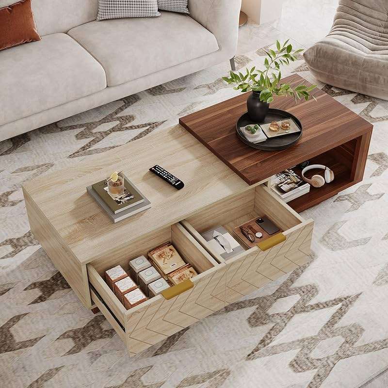 Tribesigns Extendable Coffee Table with 2 Storage Drawers, Dual-Tone Center Table with Sliding Tabletop, Multi-Functional Hidden Storage Wooden Rectangle Cocktail Table for Living Room (Walnut & Oak) - Image 7
