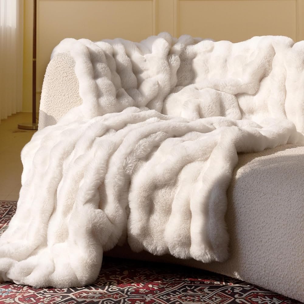 blunique Ultra Soft Cozy Faux Fur Throw Blanket, Fuzzy Plush Thick Bubble Blanket, Luxury Fluffy Blanket for Couch, Sofa, Bedroom, and Living Room, 50x60 Inches, Cream White - Product Image