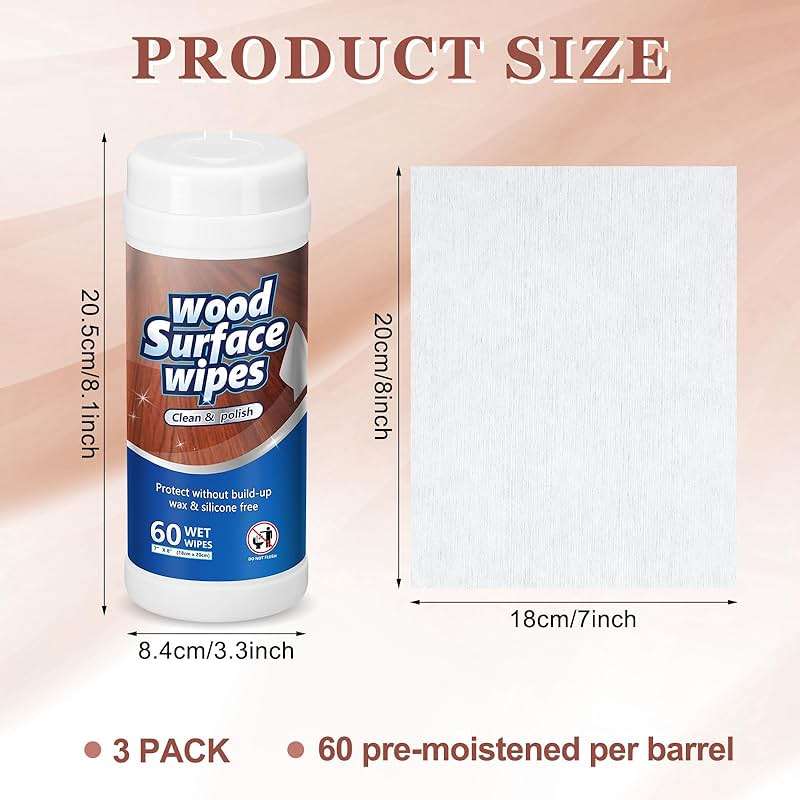 Threlaco 3 Pack 180 Count Wood Surfaces Wipes Wood Cleaner and Polish Wipes Furniture Floor Wet Cabinet Cleaner for Kitchen Bathroom Furniture Floors Cabinet Cleaning - Image 2