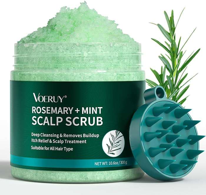 VOERUY Scalp Scrub, Rosemary Scalp Exfoliator Scrub Shampoo, 2-in-1 Scalp Treatment with Mint Oil, Hair Treatment to Clarify and Remove Build Up with Silicone Scalp Massager, 10.6oz/300g - Image 1
