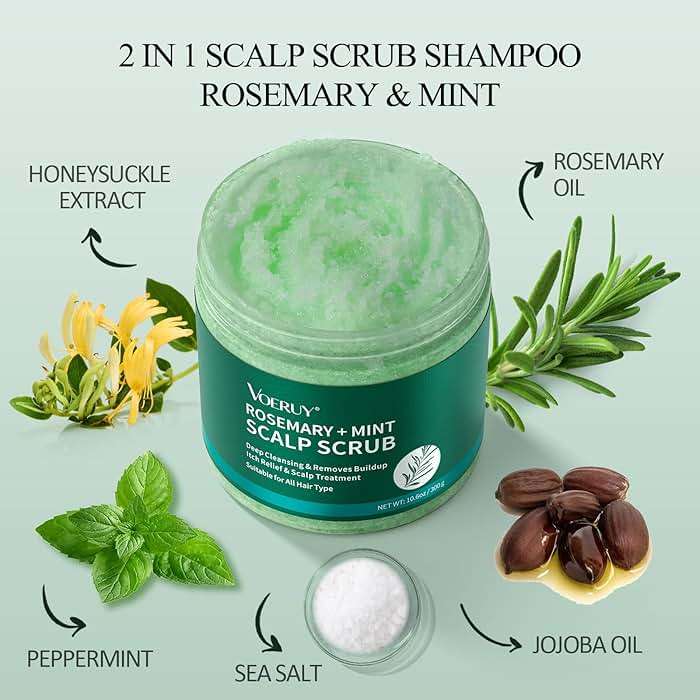 VOERUY Scalp Scrub, Rosemary Scalp Exfoliator Scrub Shampoo, 2-in-1 Scalp Treatment with Mint Oil, Hair Treatment to Clarify and Remove Build Up with Silicone Scalp Massager, 10.6oz/300g - Image 2