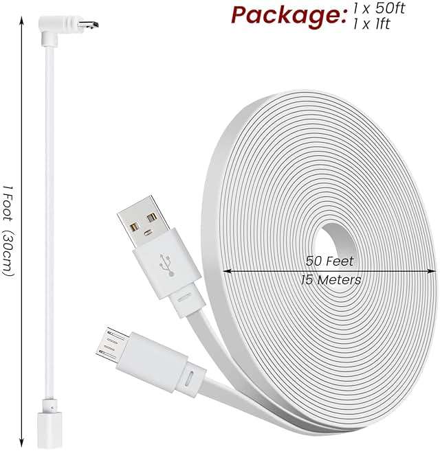 50ft Power Cable for Wyze Cam v4,Wyze Cam Pan v3,Wyze OG,Wyze Cam v3 and v3 Pro Security Cameras - 15m Long Flat Extension USB to Micro USB Charging Cord with L-Shaped Adapter, White - Image 7