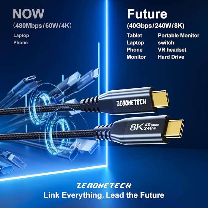 ZeroneTeck 3Pack 5FT 40Gbps USB 4 Cable for Thunderbolt 4, 8K@60Hz/Dual 4K@60Hz USB C to USB C Monitor Cable, 40Gbps Data Transfer, USBC Video, 240W Charging Cord for iPhone 17,MacBook,iPad,Lenovo - Image 4