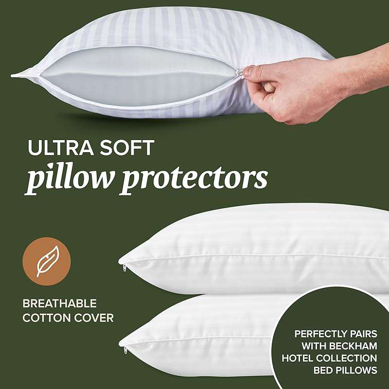 Beckham Hotel Collection Queen Size White Pillow Protector with Zipper Set of 2, Soft and Breathable Cotton Pillow Protector Covers - Image 2