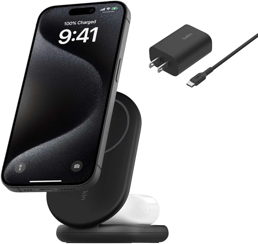 Belkin MagSafe-Compatible Charger, 2-in-1 Magnetic Foldable Charger 15W - Qi2-Certified Wireless Charging for Apple iPhone 16, Apple Watch, Samsung Galaxy S25 w/Non-Slip Base, PSU Included - Black - Image 1