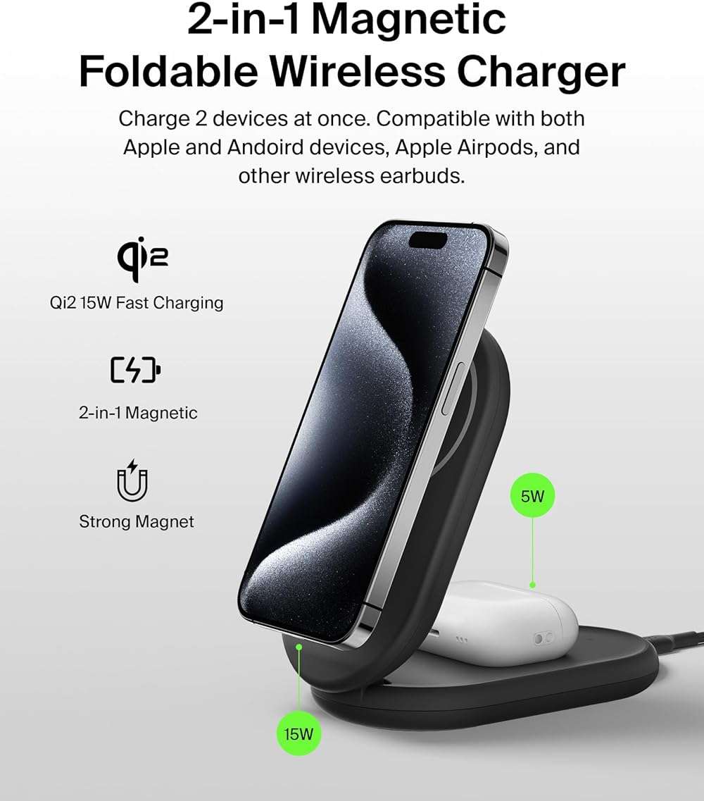 Belkin MagSafe-Compatible Charger, 2-in-1 Magnetic Foldable Charger 15W - Qi2-Certified Wireless Charging for Apple iPhone 16, Apple Watch, Samsung Galaxy S25 w/Non-Slip Base, PSU Included - Black - Image 2