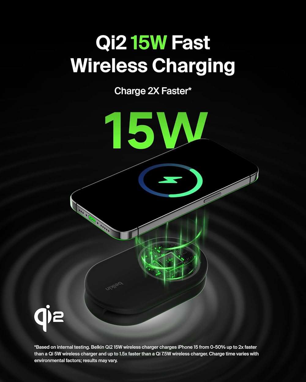 Belkin MagSafe-Compatible Charger, 2-in-1 Magnetic Foldable Charger 15W - Qi2-Certified Wireless Charging for Apple iPhone 16, Apple Watch, Samsung Galaxy S25 w/Non-Slip Base, PSU Included - Black - Image 3