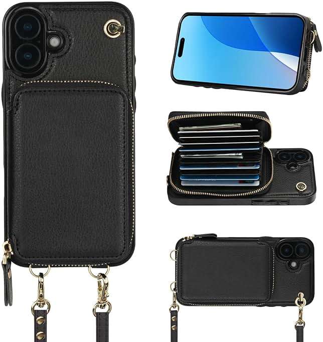 Bocasal Crossbody Wallet Case for iPhone 16 Plus, RFID Blocking Leather Purse Case with Card Holder, Protective Handbag Flip Cover with Zipper Wrist Strap Lanyard for Women 5G 6.7 Inch (Black) - Image 1