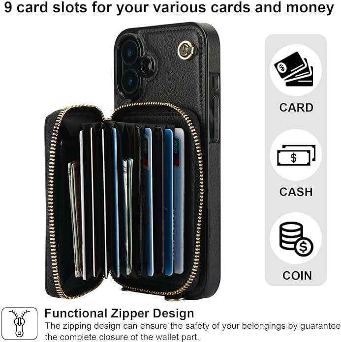 Bocasal Crossbody Wallet Case for iPhone 16 Plus, RFID Blocking Leather Purse Case with Card Holder, Protective Handbag Flip Cover with Zipper Wrist Strap Lanyard for Women 5G 6.7 Inch (Black) - Image 3