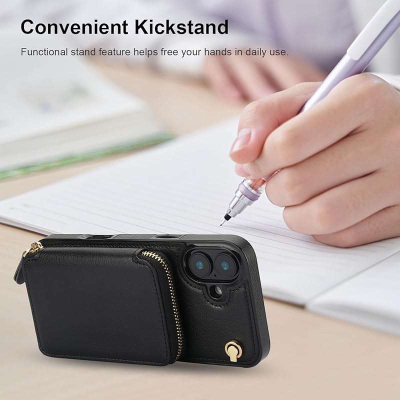 Bocasal Crossbody Wallet Case for iPhone 16 Plus, RFID Blocking Leather Purse Case with Card Holder, Protective Handbag Flip Cover with Zipper Wrist Strap Lanyard for Women 5G 6.7 Inch (Black) - Image 6