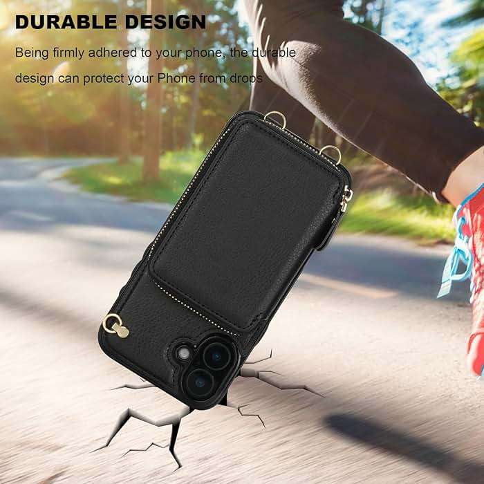 Bocasal Crossbody Wallet Case for iPhone 16 Plus, RFID Blocking Leather Purse Case with Card Holder, Protective Handbag Flip Cover with Zipper Wrist Strap Lanyard for Women 5G 6.7 Inch (Black) - Image 8