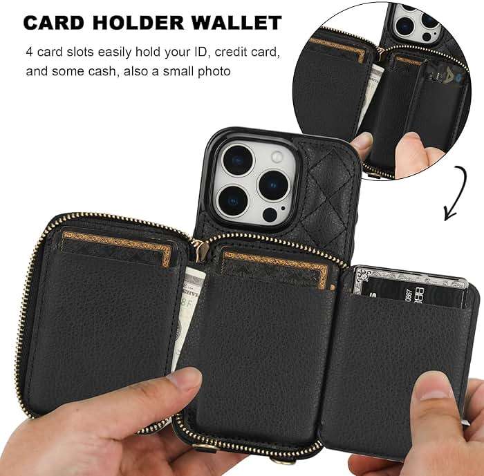 Bocasal Crossbody Wallet Case for iPhone 16 Pro, RFID Blocking PU Leather Zipper Handbag Purse Flip Cover, Kickstand Folio Case with Card Slots Holder Wrist Strap Lanyard 5G 6.3 Inch (Black) - Image 4