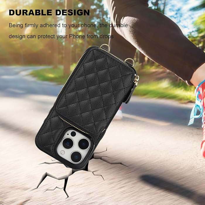 Bocasal Crossbody Wallet Case for iPhone 16 Pro, RFID Blocking PU Leather Zipper Handbag Purse Flip Cover, Kickstand Folio Case with Card Slots Holder Wrist Strap Lanyard 5G 6.3 Inch (Black) - Image 8
