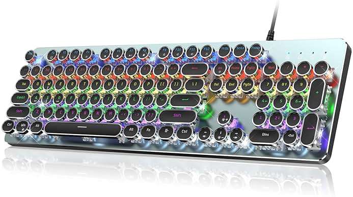 RisoPhy Typewriter Style Mechanical Gaming Keyboard, Metal Panel, Retro Punk Round Keycaps, Clicky Blue Switch, Rainbow LED Backlit, 104 Keys Wired Keyboard, Round Keycaps for PC Laptop Mac Gamer - Image 1