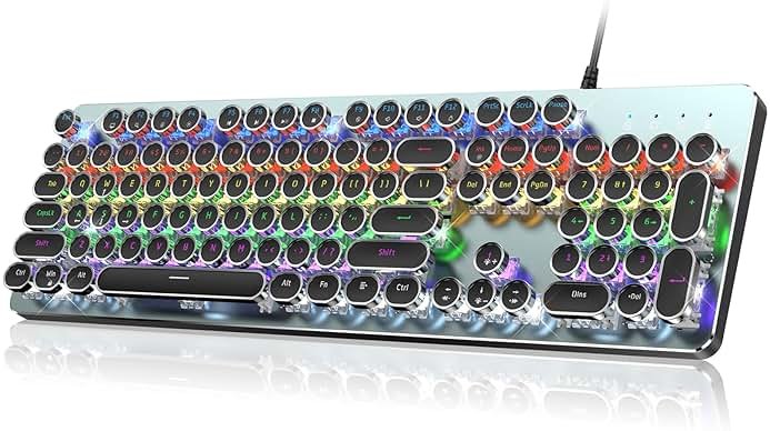 RisoPhy Typewriter Style Mechanical Gaming Keyboard, Metal Panel, Retro Punk Round Keycaps, Clicky Blue Switch, Rainbow LED Backlit, 104 Keys Wired Keyboard, Round Keycaps for PC Laptop Mac Gamer - Product Image