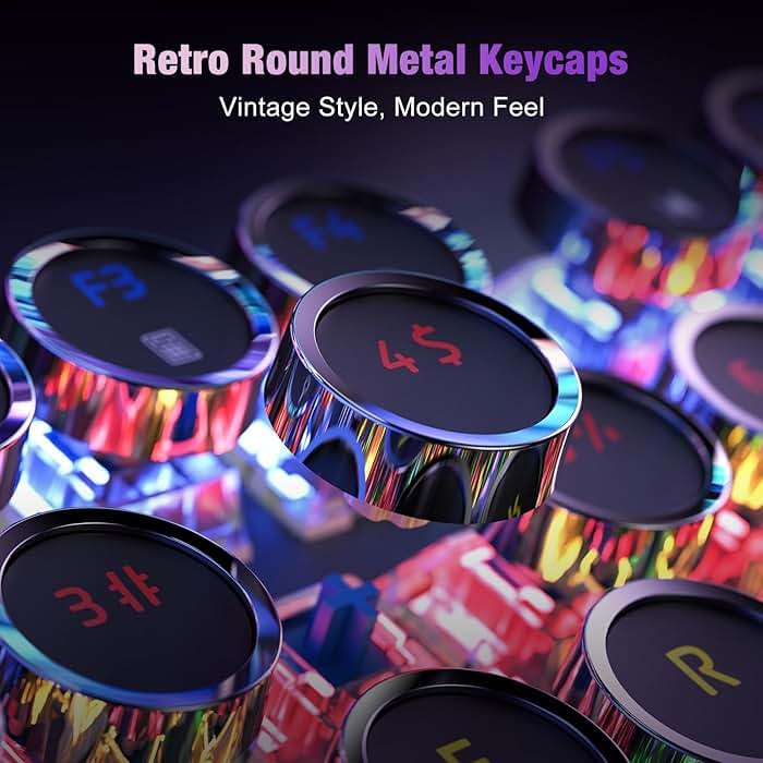 RisoPhy Typewriter Style Mechanical Gaming Keyboard, Metal Panel, Retro Punk Round Keycaps, Clicky Blue Switch, Rainbow LED Backlit, 104 Keys Wired Keyboard, Round Keycaps for PC Laptop Mac Gamer - Image 2