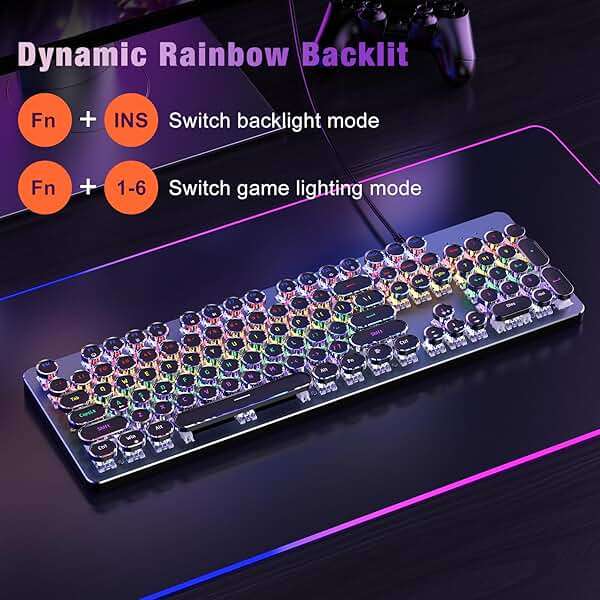 RisoPhy Typewriter Style Mechanical Gaming Keyboard, Metal Panel, Retro Punk Round Keycaps, Clicky Blue Switch, Rainbow LED Backlit, 104 Keys Wired Keyboard, Round Keycaps for PC Laptop Mac Gamer - Image 3