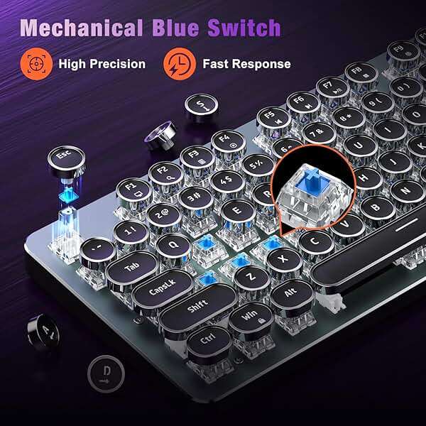 RisoPhy Typewriter Style Mechanical Gaming Keyboard, Metal Panel, Retro Punk Round Keycaps, Clicky Blue Switch, Rainbow LED Backlit, 104 Keys Wired Keyboard, Round Keycaps for PC Laptop Mac Gamer - Image 4