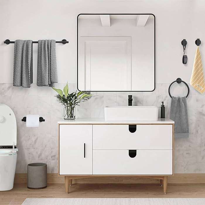 5 Pieces Matte Black Bathroom Hardware Accessories Set, Bathroom 23.6 Inch Towel Bar Set Stainless Steel Toilet Paper Holder Round Towel Racks for Bathroom Wall Mounted - Image 2