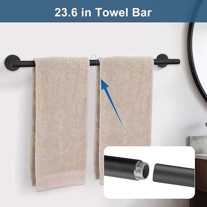 5 Pieces Matte Black Bathroom Hardware Accessories Set, Bathroom 23.6 Inch Towel Bar Set Stainless Steel Toilet Paper Holder Round Towel Racks for Bathroom Wall Mounted - Image 4