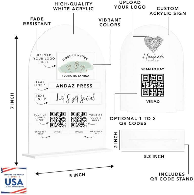 Andaz Press Custom QR Code Sign with Logo for Pop Up Shop, Vendor Booth Display Items, Acrylic Scan To Pay QR Code Sign for Business Personalized Scan QR Code Display Signs for Social Media with Stand - Image 3