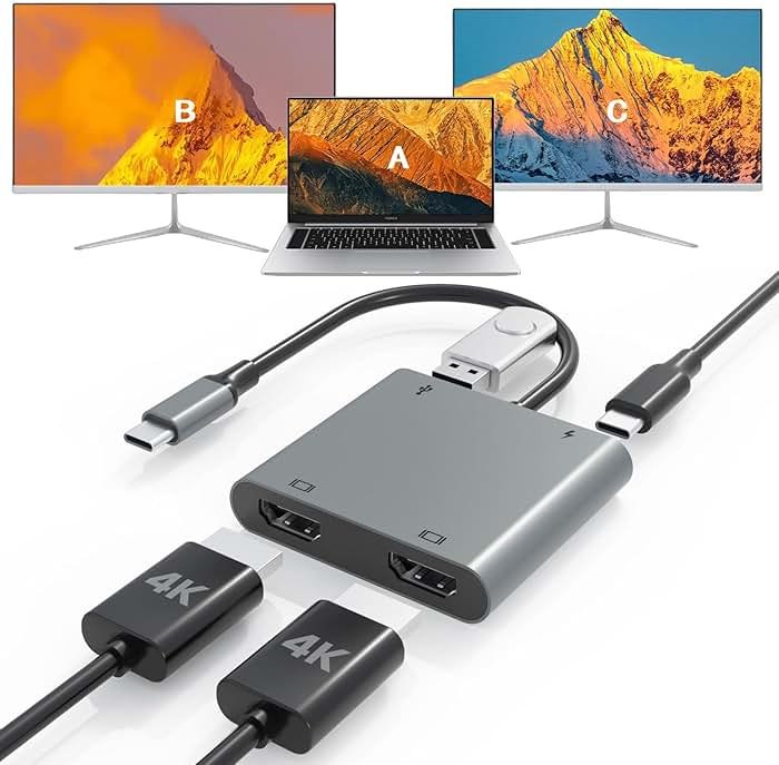 USB C to Dual HDTV Adapter, Fophmo 4K@60Hz HDTV Splitter Extend Display for Dual Monitors, macOS Only Allows Mirror Mode, Windows Allows Multi-Monitor Display 3 Separate Screens for 100W PD,USB-A Port - Product Image