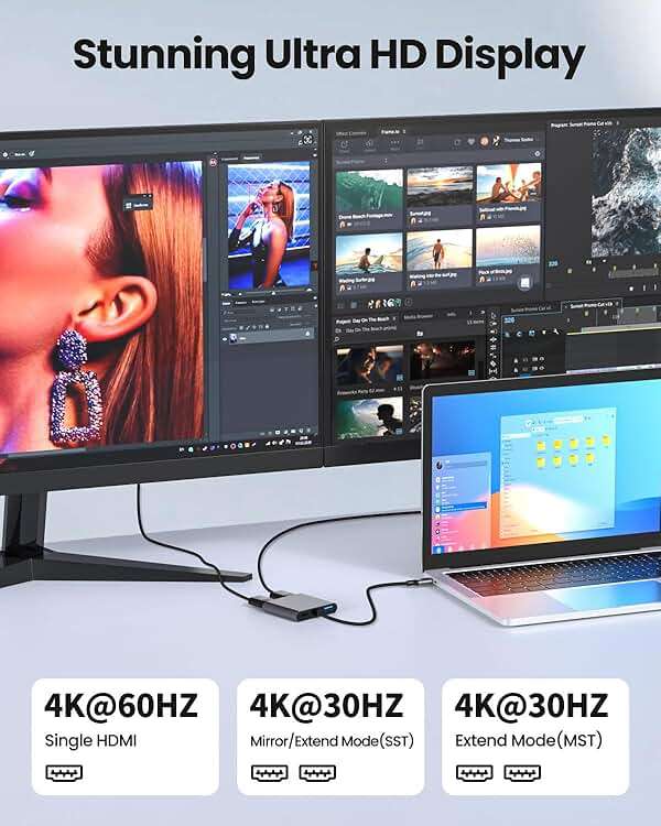 USB C to Dual HDTV Adapter, Fophmo 4K@60Hz HDTV Splitter Extend Display for Dual Monitors, macOS Only Allows Mirror Mode, Windows Allows Multi-Monitor Display 3 Separate Screens for 100W PD,USB-A Port - Image 4