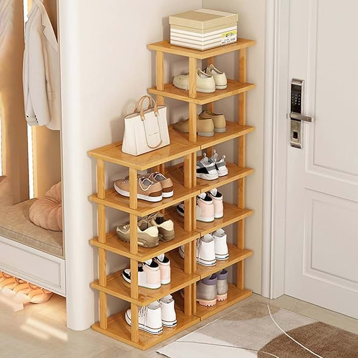 yoakaiax Wood Shoe Rack 5/7/8 Tier - Vertical Shoe Rack for Small Spaces, Tall Narrow Shoe Rack Organizer for Closet Entryway Corner Garage and Bedroom, Skinny Shoe Shelf with Free Stackable DIY (XL) - Product Image