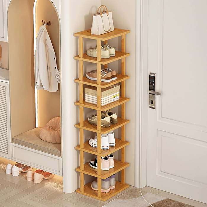 yoakaiax Wood Shoe Rack 5/7/8 Tier - Vertical Shoe Rack for Small Spaces, Tall Narrow Shoe Rack Organizer for Closet Entryway Corner Garage and Bedroom, Skinny Shoe Shelf with Free Stackable DIY (XL) - Image 9
