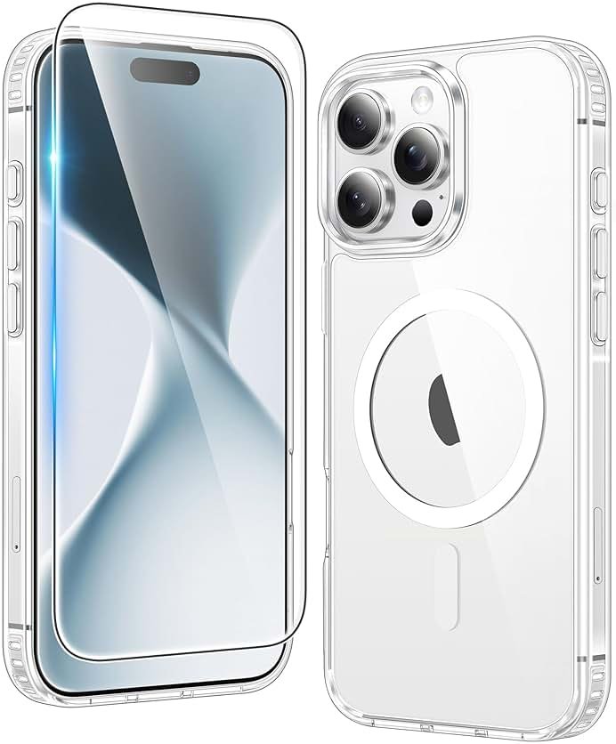 FNTCASE for iPhone 16 Pro-Max Case: Clear Magnetic Phone Cases with Screen Protector Compatible with Magsafe Slim Anti Yellowing Rugged Shockproof Protective Transparent Cell Cover (A-Clear) - Product Image