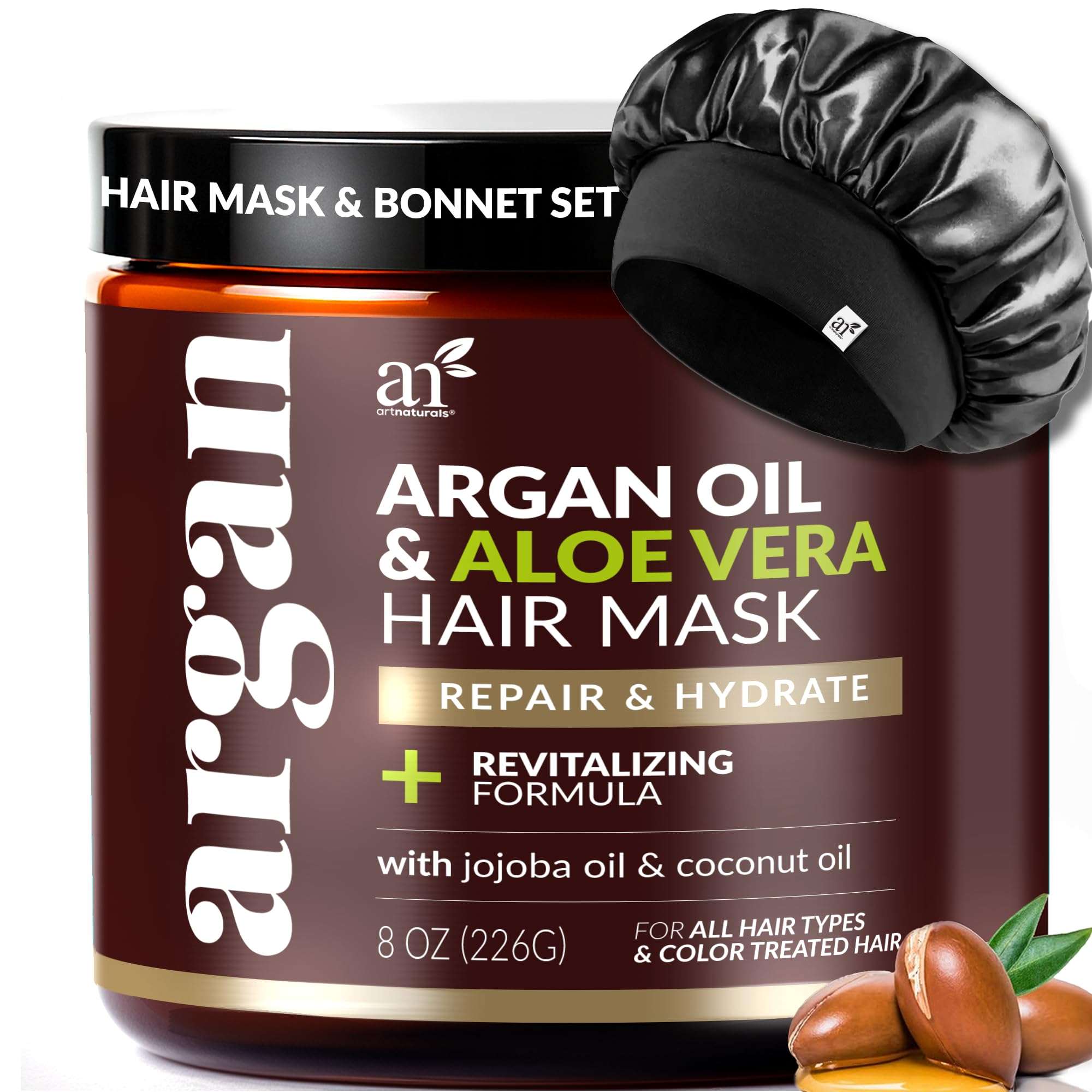 ArtNaturals 2-Step Deep Repair Hair Mask for Damaged Hair - Intensive Treatment for Dry, Damaged & Color-Treated Hair - Argan oil Deep Conditioner w/ Silk Bonnet to Drive Deeper Penetration 8 oz - Image 1