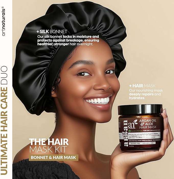ArtNaturals 2-Step Deep Repair Hair Mask for Damaged Hair - Intensive Treatment for Dry, Damaged & Color-Treated Hair - Argan oil Deep Conditioner w/ Silk Bonnet to Drive Deeper Penetration 8 oz - Image 2
