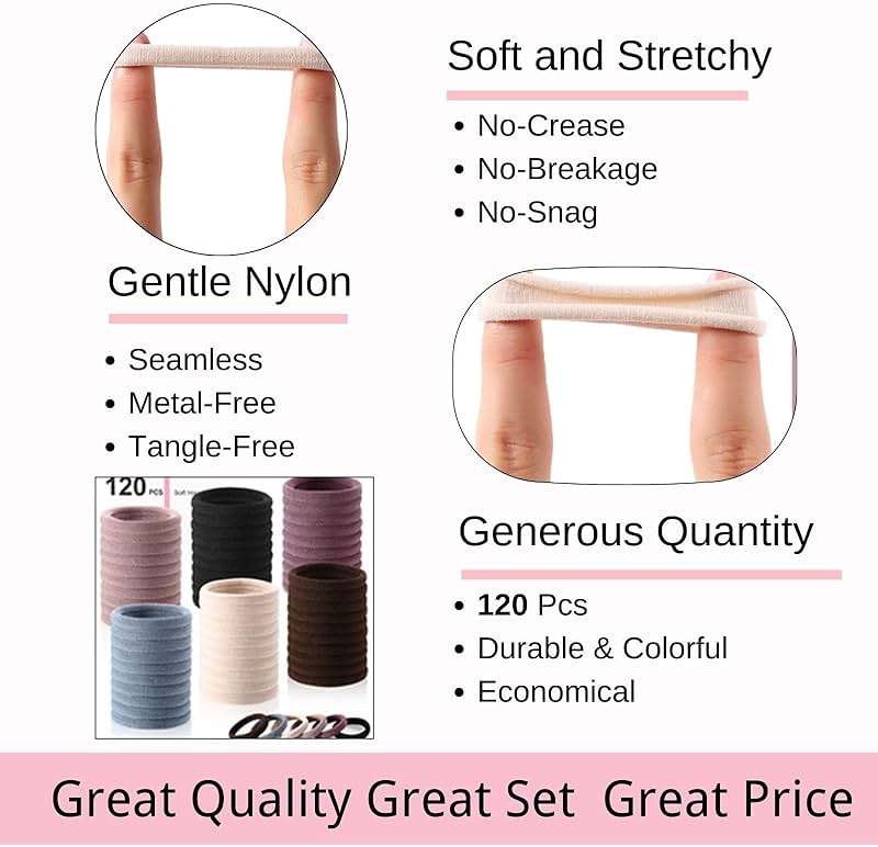 LuSeren 120PCS Soft Hair Ties for Women – No Damage Ouchless Nylon Hair Accessories, Seamless Fabric Ponytail Holders for Daily Use (Natural Colors) - Image 3