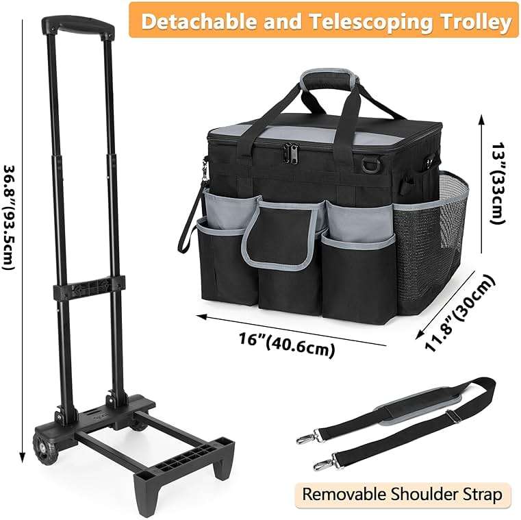 HODRANT Large Rolling Cleaning Caddy with Detachable Trolley & Lid, Cleaning Cart on Wheels with Shoulder Strap & Handles, Cleaning Supplies Organizer with Multi Pockets for Cleaning Tools Storage - Image 2