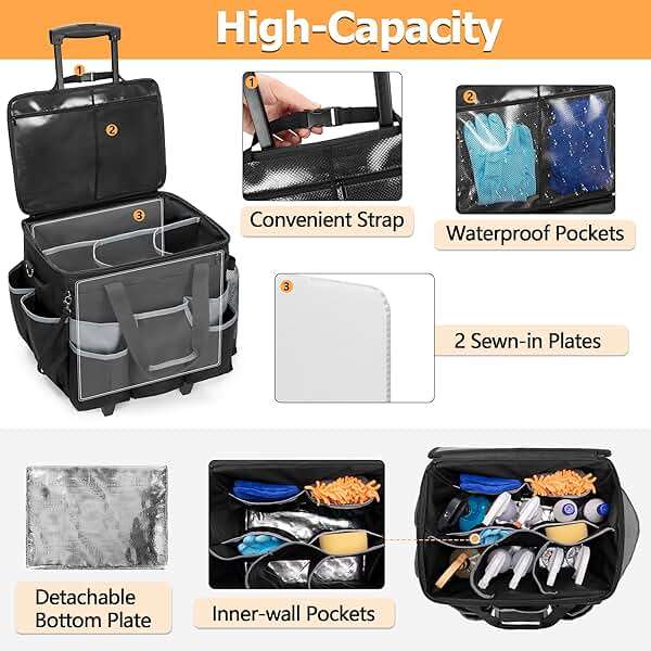 HODRANT Large Rolling Cleaning Caddy with Detachable Trolley & Lid, Cleaning Cart on Wheels with Shoulder Strap & Handles, Cleaning Supplies Organizer with Multi Pockets for Cleaning Tools Storage - Image 3
