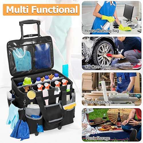 HODRANT Large Rolling Cleaning Caddy with Detachable Trolley & Lid, Cleaning Cart on Wheels with Shoulder Strap & Handles, Cleaning Supplies Organizer with Multi Pockets for Cleaning Tools Storage - Image 7
