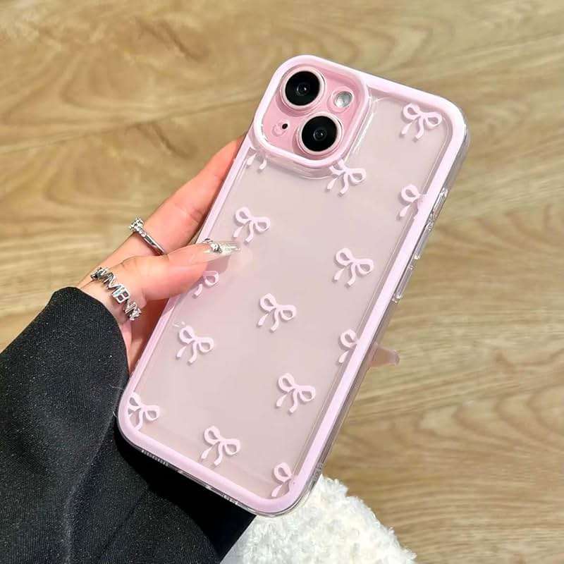 EYZUTAK Case for iPhone 13, Clear Cute Ribbon Bowknot Pattern Aesthetic Transparent Phone Case Raised Camera Protection Stylish Slim Soft Durable TPU Protective Cover for Women Girls - Pink - Image 1