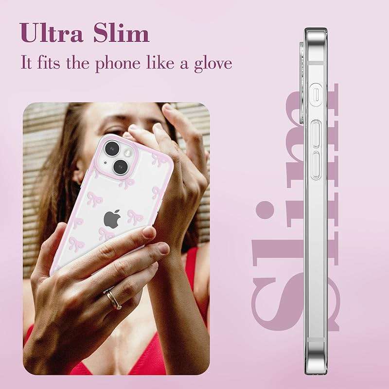 EYZUTAK Case for iPhone 13, Clear Cute Ribbon Bowknot Pattern Aesthetic Transparent Phone Case Raised Camera Protection Stylish Slim Soft Durable TPU Protective Cover for Women Girls - Pink - Image 4