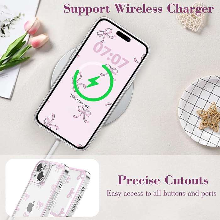 EYZUTAK Case for iPhone 13, Clear Cute Ribbon Bowknot Pattern Aesthetic Transparent Phone Case Raised Camera Protection Stylish Slim Soft Durable TPU Protective Cover for Women Girls - Pink - Image 5