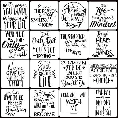 16 Pcs Inspirational Word Stencils, Quote & Phrase Sayings Templates, Craft Stencils for Painting on Wood, Wall, Canvas, Fabrics, Paper & Home Signs - Reusable 7.87 x 7.87 Inches - Image 1