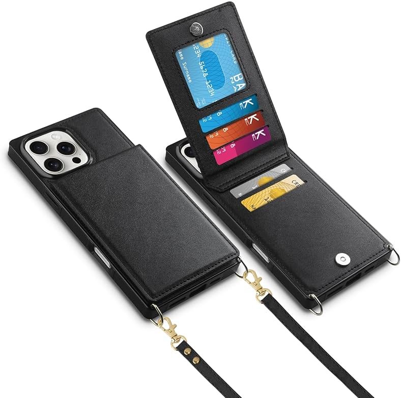Vofolen for iPhone 16 Pro Max Case Wallet with Card Holder Crossbody Lanyard Strap Leather Case with Magnetic Clasp Kickstand Heavy Duty Protective Flip Cover for iPhone 16 Pro Max for Women, Black - Product Image