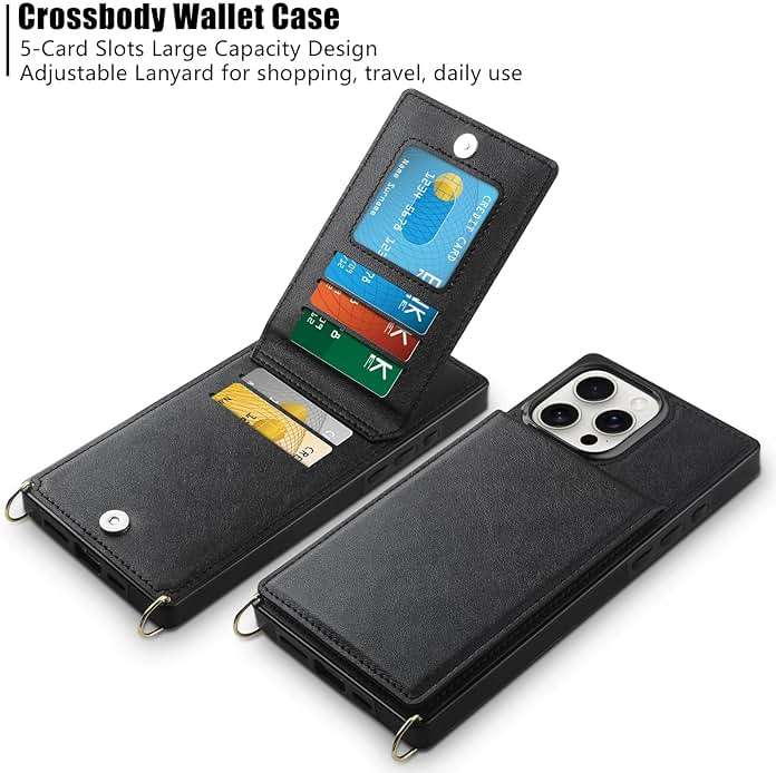 Vofolen for iPhone 16 Pro Max Case Wallet with Card Holder Crossbody Lanyard Strap Leather Case with Magnetic Clasp Kickstand Heavy Duty Protective Flip Cover for iPhone 16 Pro Max for Women, Black - Image 2