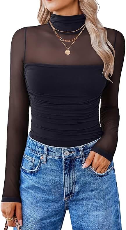 Avidlove Women Long Sleeve Bodysuit Turtle Neck Shapewear Body Suits Mesh One Piece Leotard Shirt Going Out Tops Fall Outfits - Product Image