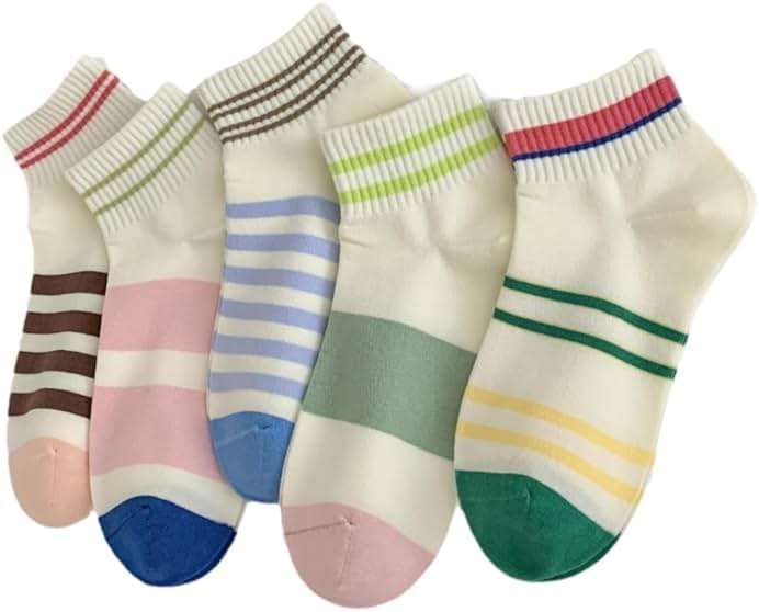 5 Pairs Cute Striped Ankle Socks Academic Style Low-cut Socks for Women Girls (5 Pairs-Set03) - Image 1