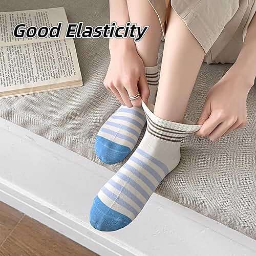 5 Pairs Cute Striped Ankle Socks Academic Style Low-cut Socks for Women Girls (5 Pairs-Set03) - Image 3