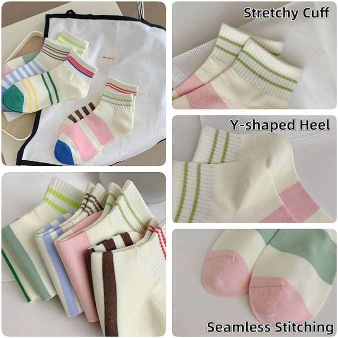 5 Pairs Cute Striped Ankle Socks Academic Style Low-cut Socks for Women Girls (5 Pairs-Set03) - Image 4